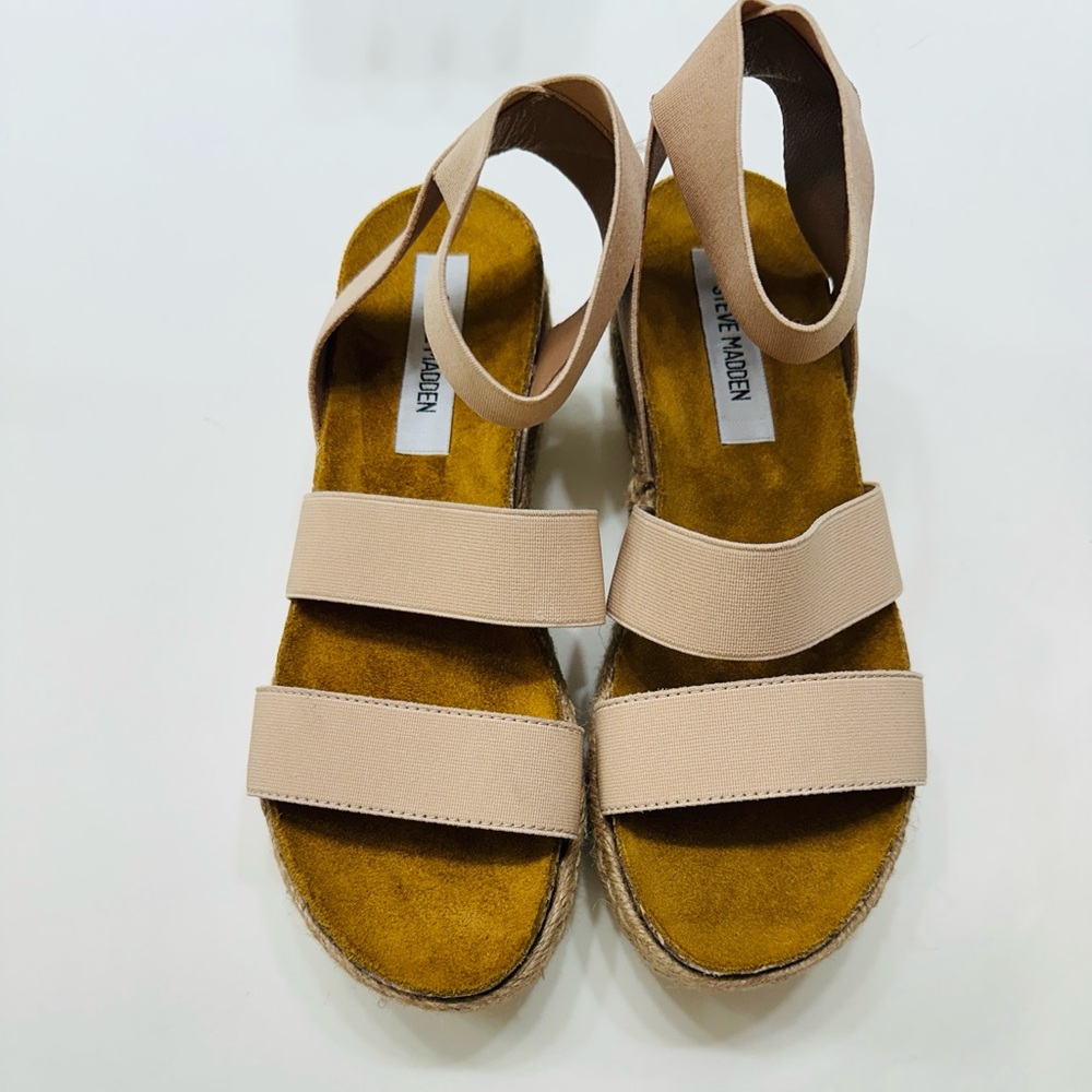 Steve Madden Sandals Wedge Beige Tan Chunky Summer Espadrilles Open Toe Size 8